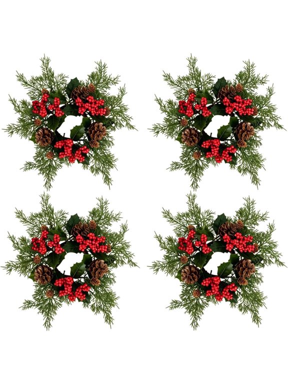 Christmas Candle Rings Wreath with Pinecones & Red Berries Decor 4 PCS Mini candle rings for Christmas Chandelier Home Table Centerpiece Indoor Decor, Christmas Candle Rings Wreath