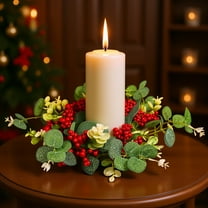 Christmas Candle Rings Wreath Red Berry Pinecones Wreaths Artificial Berries Snowy Pine Garland Candle Ring Holder for Christmas Wedding Home Table Centerpiece