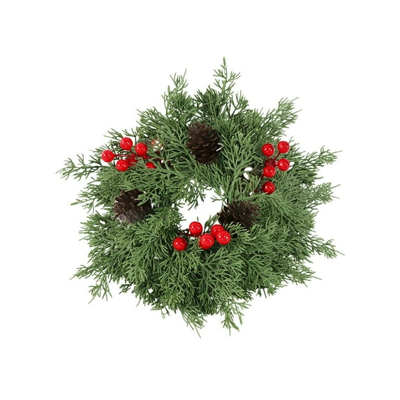 Christmas Candle Rings Wreath Xmas Kitchen Cabinet Mini Wreath Artificial Berries Snowy Pine Candle Ring Holder for Christmas Indoor Decor