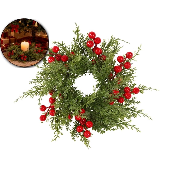 Christmas Candle Rings Wreath with Artificial Flowers and Berries for Table Centerpiece Decor