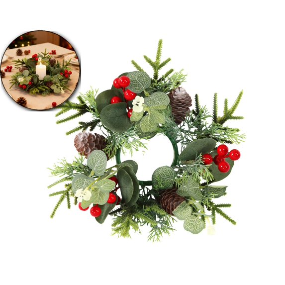 Christmas Candle Rings Wreath with Artificial Flowers and Berries for Table Centerpiece Decor