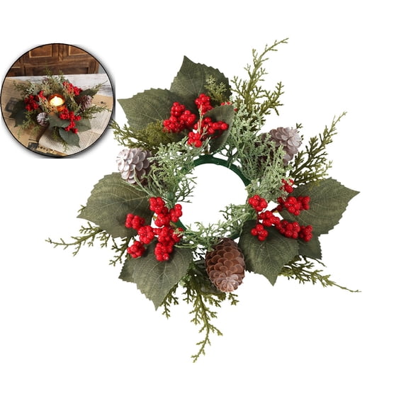 Christmas Candle Rings Wreath with Artificial Flowers and Berries for Table Centerpiece Decor