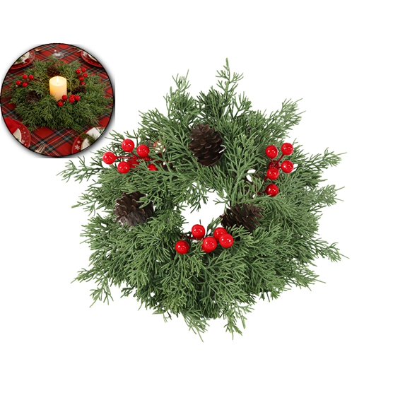 Christmas Candle Rings Wreath with Artificial Flowers and Berries for Table Centerpiece Decor