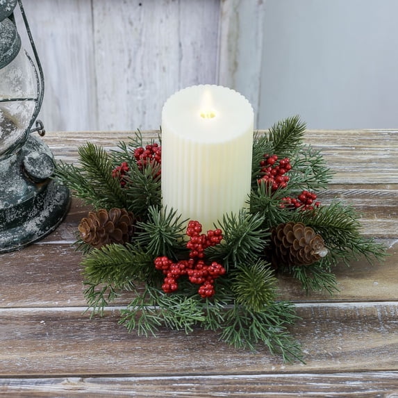 Christmas Candle Rings Wreaths 3 Inch Center,Small Christmas Candle Rings Wreaths,Christmas Candle Holders for Table,Christmas Candle Ring Garland,Berry Christmas Candle Garland for Kitchen Cabinet