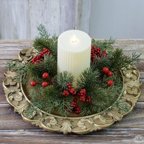 Christmas Candle Rings Wreaths 3 Inch Center,Small Christmas Candle Rings Wreaths,Christmas Candle Holders for Table,Christmas Candle Ring Garland,Berry Christmas Candle Garland for Kitchen Cabinet