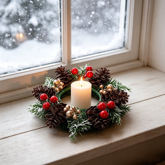 Christmas Candle Rings Wreaths, Artificial Flower Gold Red Berries Pinecones Snowy Pine Garland Winter Candle Holders, Christmas Party Wedding Home Table Centerpieces Decorations