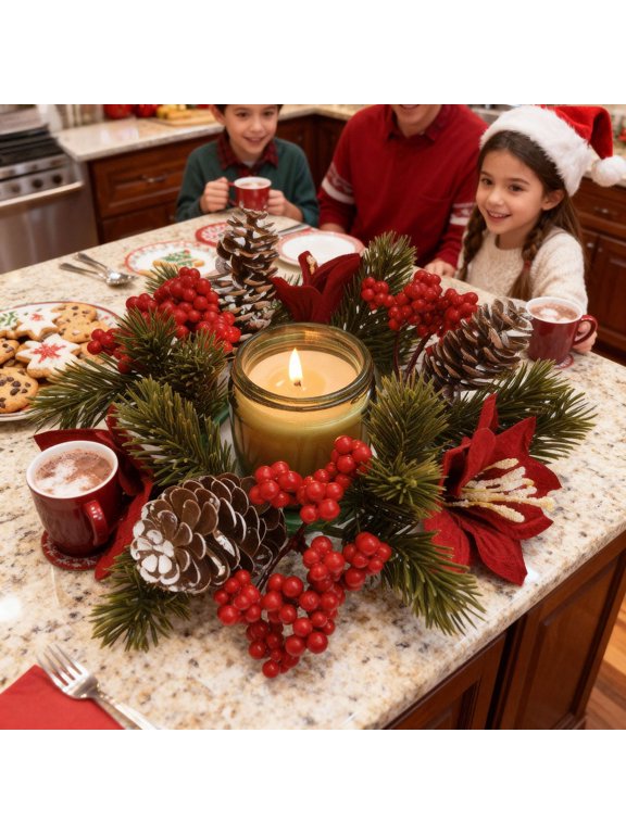 Christmas Candle Rings Wreaths Artificial Pinecones Pine Poinsettia Red Berry Greenery Candle Ring Holder Christmas Decoration for Pillar Wedding Centerpiece Xmas Table Centerpiece Decor
