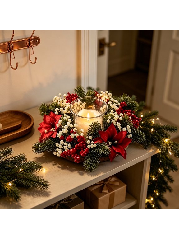 Christmas Candle Rings Wreaths, Artificial Pinecones Pine Poinsettia Red Berry Greenery Candle Ring Holder Christmas Decoration for Xmas Winter Wedding Party Centerpiece Table Decorations