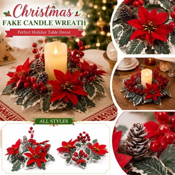 Christmas Candle Rings Wreaths Artificial Poinsettia Flower Red Berry Xmas Wreaths Table Centerpieces Mini Rings Candle Holder for Christmas Wedding Holiday Dinner Party Decor