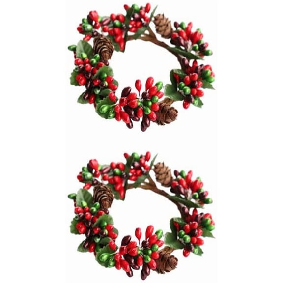 Christmas Candle Rings Wreaths,Red Berry Candle Rings,Christmas Candle Holder Rings,Christams Decorations,2Pcs(Internal Diameter About 2.36in)