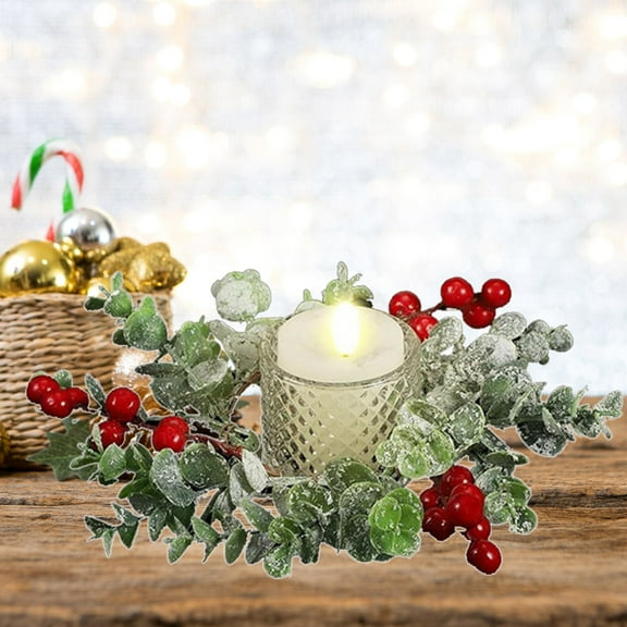 Christmas Candle Stands Wreaths ,Artificial Berries Snowy Pines Needles Candle Wreaths for Christmas Table Centerpiece Decoration Party Holiday,7.87x7.87in,Green