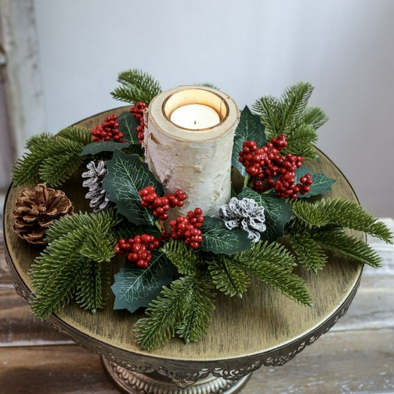 Christmas Candle Wreath - 11.8" Artificial Silk Leaf Candlestick Ring, Green Table Centerpiece for Holiday Decor, Fireplace & Dining Decorations