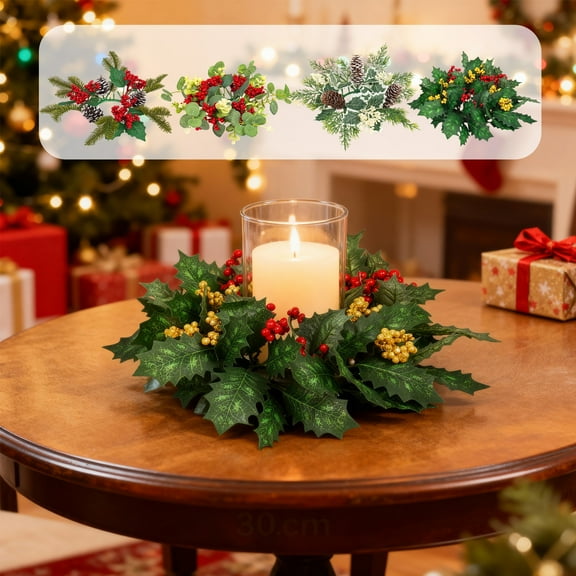 Christmas Candle Wreath Centerpiece - Golden Berries, Pine Cones & Pine Branches Decor, Festive Greenery Wreath for Candle Holders, Elegant Tabletop Decor for Xmas & Holiday Dinners, A
