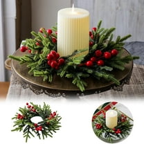 Christmas Candle Wreath Rings with Pine Boughs & Berries, 3 Inch Artificial Greenery Candle Rings for Holiday Table Centerpieces, Thanksgiving & Winter Decor