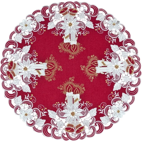 Christmas Candles, Bells and Poinsettia on Red Doily (24" Round)