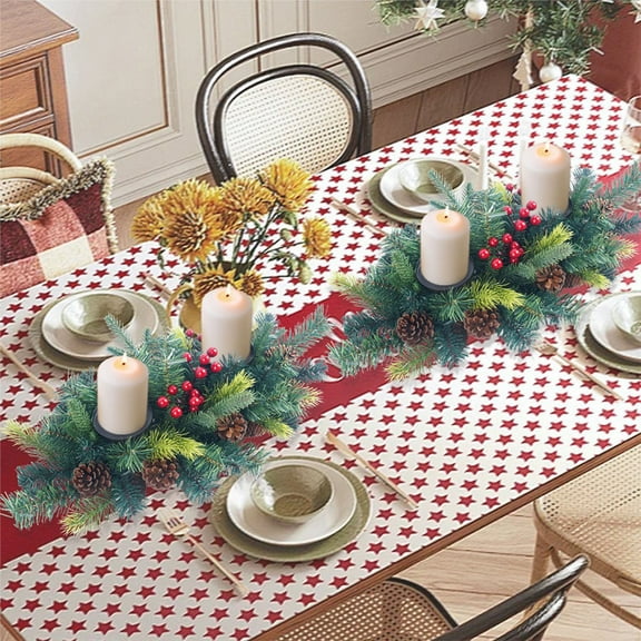 Christmas Candlestick with Berries, Pine Branches, and Cones – Artificial Greenery Holiday Table Centerpiece Decoration, Battery Operated, for Festive Home Decor