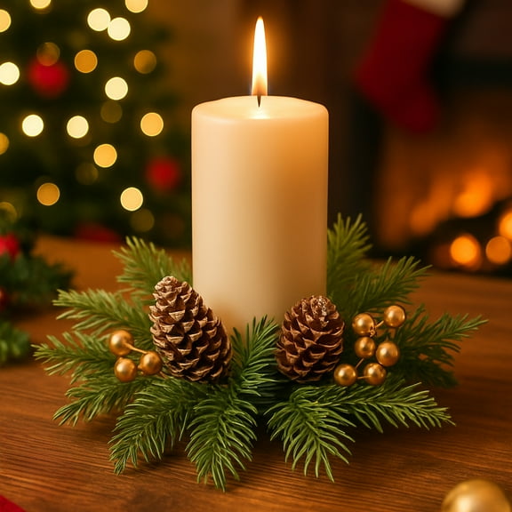 Christmas Candlestick Wreath with Golden Berries & Pine Cones, 12 Inch Artificial Pine Centerpiece for Table, Holds Candle, Reusable Holiday Decor for Mantle, Tabletop, Entryway Green