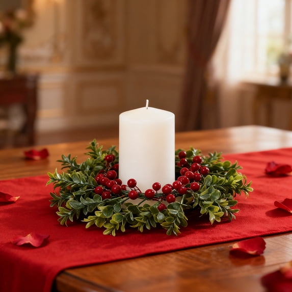 Christmas Candlestick Wreath with Golden Berries and Pine Cones, 9.45 Inch Green Centerpiece for Candle Holiday Table and Festive Display, 1 Piece