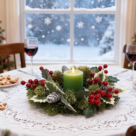 Christmas Candlestick Wreath with Golden Berries and Pine Cones, 9.45 Inch Green Centerpiece for Candle Holiday Table and Festive Display, 1 Piece
