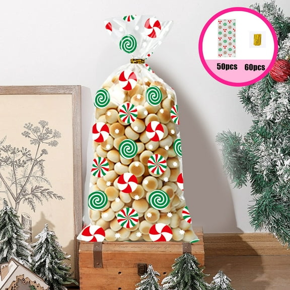 Christmas Candy Bags, Plastic Snack Packaging Bags, 50 Pcs Reusable Treat Bags for Cookies and Homemade Snacks, Cute Unique Design, Easy Open and Close, Durable Eco-Friendly Material, Multi-Color