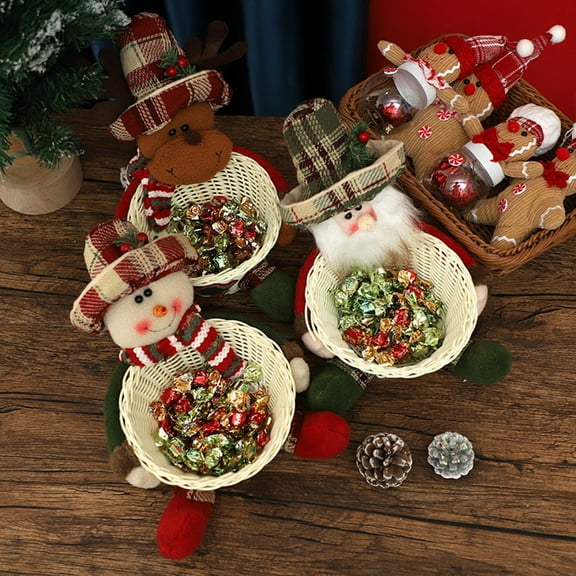 Christmas Candy Basket Santa Snowman Doll Decor Woven Holder Basket Holiday Table Desk Decoration Candy Bowl Candy Gift Container