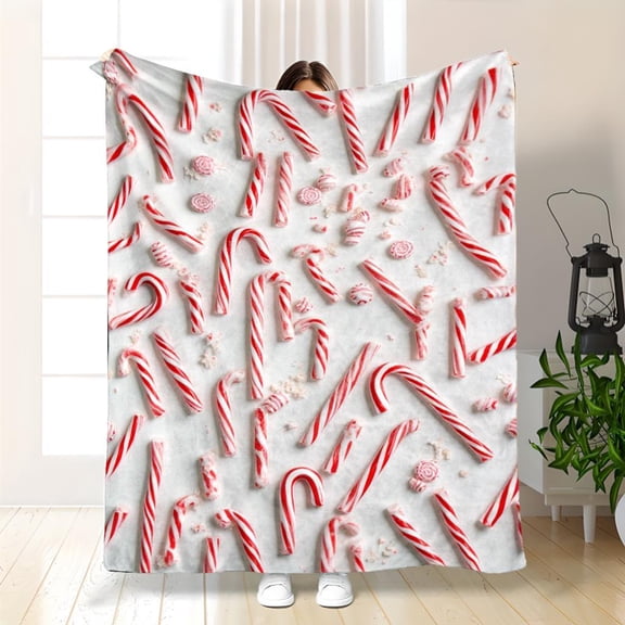 Christmas Candy Blanket - Super Soft 280gsm Heavyweight Flannel All-Season Cozy Throw with Red & Candy Cane & Peppermint Pattern - Plush Bedspread for Sofa, Bed, or Holiday Gift - Contemporary Winter