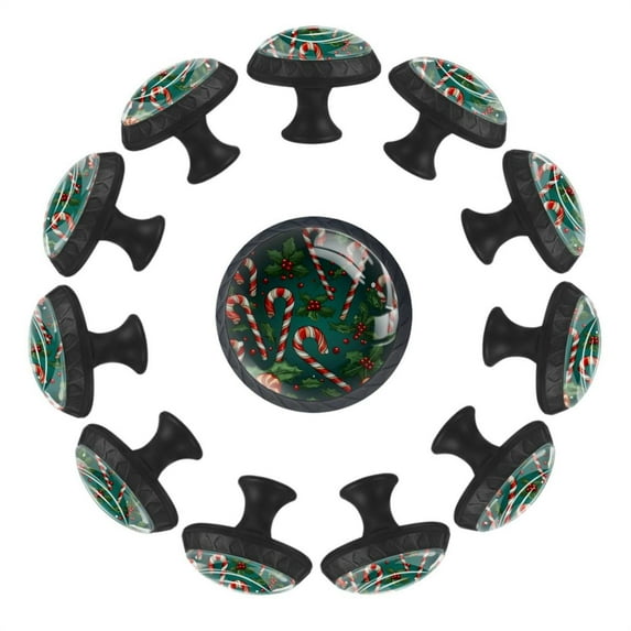 Christmas Candy Cane 35MM Round Glass Cabinet Knobs, Kitchen Knobs for Drawer Dresser Cupboard Wardrobe Modern Pulls Handles Hardware, Set of 12