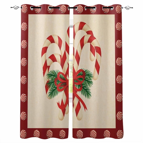 Christmas Candy Cane Blackout Curtains 39 Inches Long, Xmas Red Bow Pine Branch Retro Thermal Insulated Black Out Curtains, Short Darkening Window Curtain Drapes for Cafe Bedroom 27.5"x39" 2 Panels