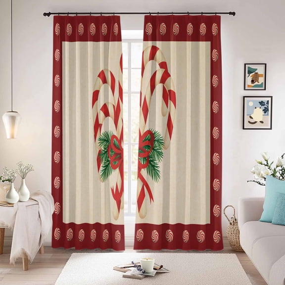 Christmas Candy Cane Blackout Curtains for Bedroom/Living Room, Pinch Pleated Black Out Curtains, Xmas Red Bow Pine Branch Retro Room Darkening Window Drapes with Hooks 2 Panels, 39"x70"
