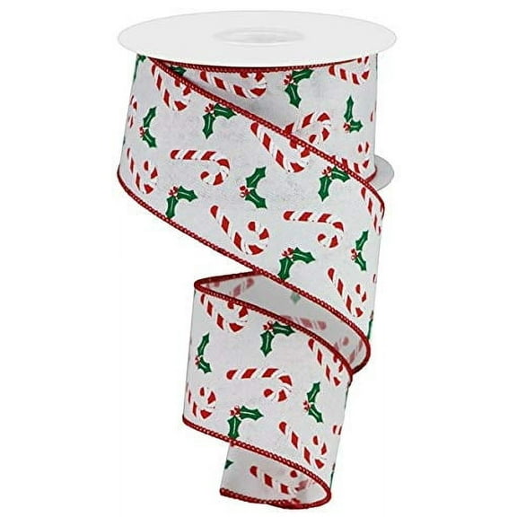 Christmas Candy Cane Canvas Wired Edge Ribbon - 10 Yards (Red, Emerald Green, White, 2.5")