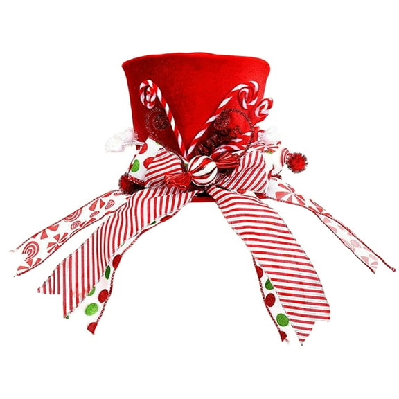 Christmas Candy Cane Christmas Tree Topper Velvet Red Tree Topper Hat with Candy Peppermint Bows Ribbon Ornament, Top Hat Christmas Tree Topper for Home Office Holiday Tree Decoration Xmas Gift