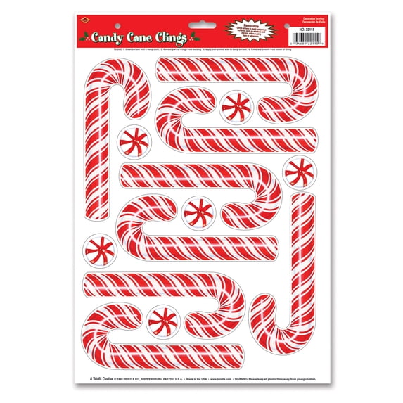 Christmas Candy Cane Clings 12" x 17" Sh (8/Sh) (1/Pkg) Pkg/6