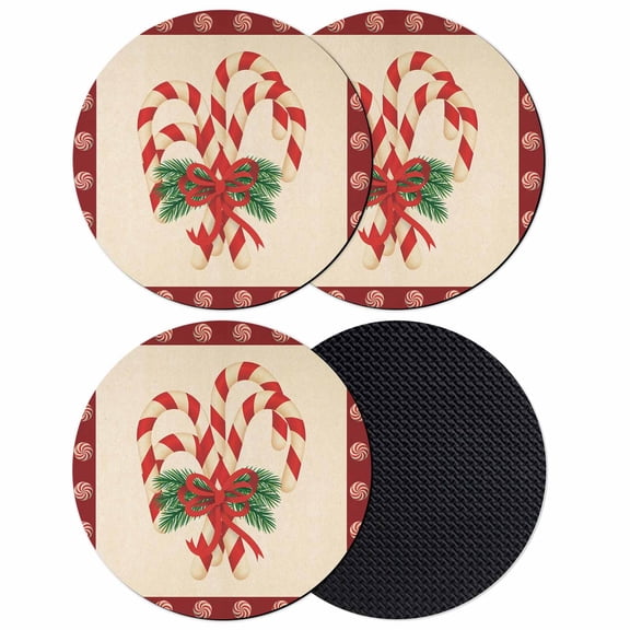 Christmas Candy Cane Coasters Set of 4, Absorbent Coasters for Drinks, Xmas Red Bow Pine Branch Retro Coaster for Desk Coffee Table Protection, Home Decor House Warming Gifts 4"