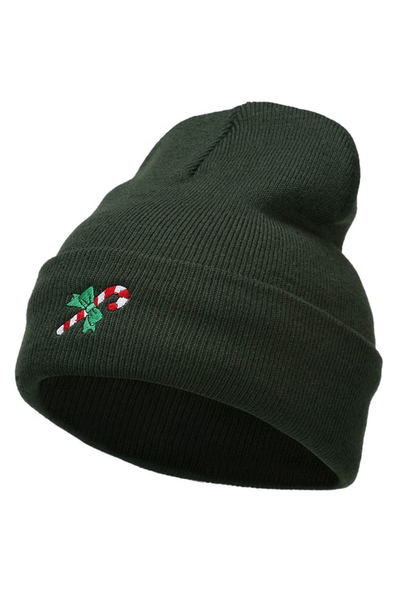 Christmas Candy Cane Embroidered Long Beanie - Olive OSFM