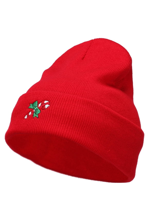 Christmas Candy Cane Embroidered Long Beanie - Red OSFM