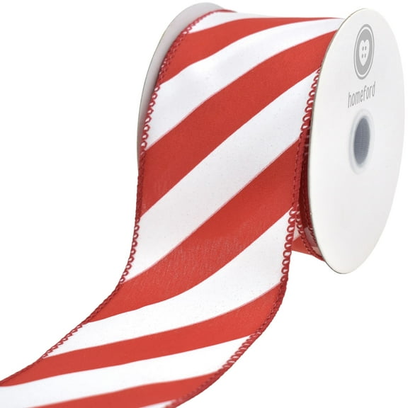 Christmas Candy Cane Glossy Stripe Wired Ribbon, Red/White, 2-1/2-inch, 10-yard