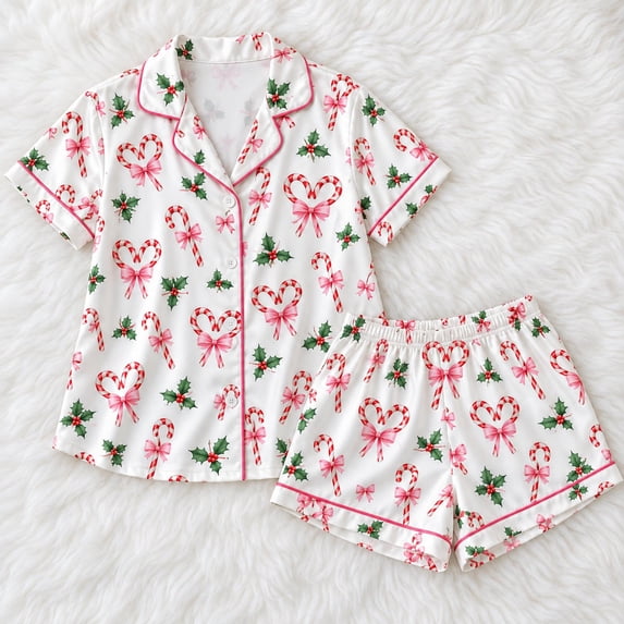 Setting Iimage Christmas Candy Cane Hearts Satin Short-Sleeve Pajama Set, ANANDHIS ART ...
