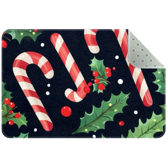 Christmas Candy Cane and Holly Fir Branch Small Area Rug, Non-Slip Door Mat Indoor Floor Mat, Washable Kitchen Rug Entrance DMat for Bedroom Living Room