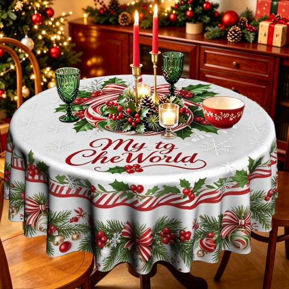 Christmas Candy Cane & Holly Round Tablecloth, 35-70 Inch, Polyester Holiday Table Cover with Joy Script for Dining & Party Decor