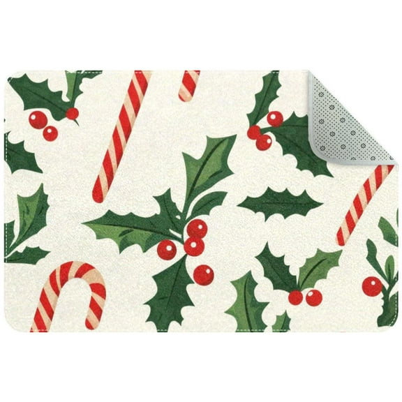 Christmas Candy Cane and Holly Xmas Background Small Area Rug, Non-Slip Door Mat Indoor Floor Mat, Washable Kitchen Rug Entrance DMat for Bedroom Living Room