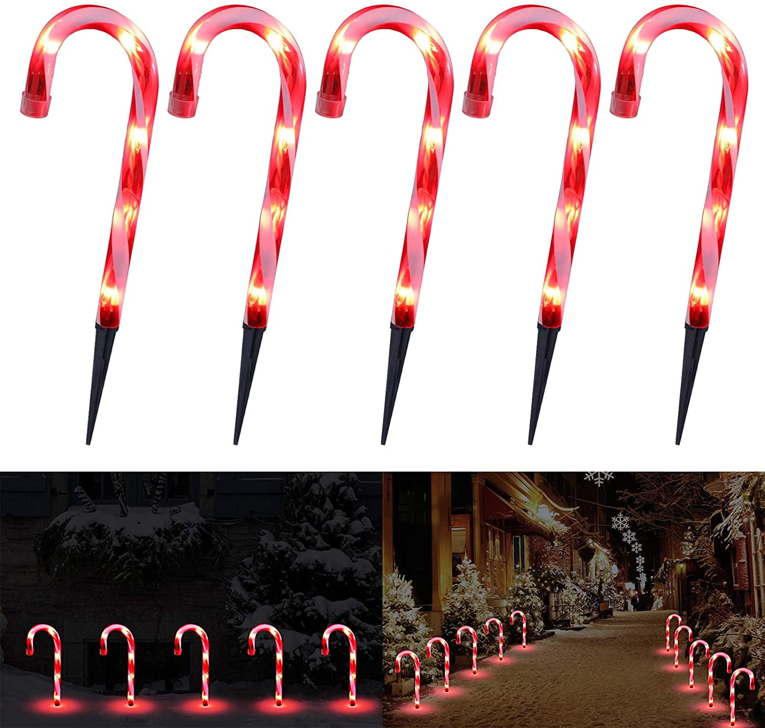 Christmas Candy Cane Lights, 15inch Set of 5 Solar Powered Candy Canes Christmas Pathway Lights Outdoor-Candy Cane Christmas Decorations Outdoor for Holidays Lighting up Sidewalk,Yard,