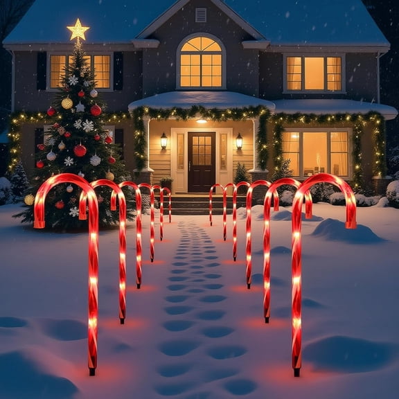 Christmas Candy Cane Lights Outdoor Pathway - 12 Pack 16" Light Up Candy Canes with 72 Incandescent Large Lighted Decorations for Sidewalk Walkway and Yard Stakes