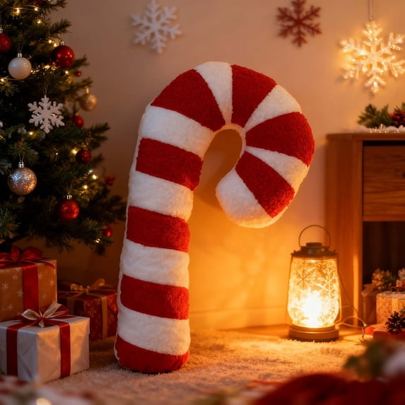 Christmas Candy Cane Pillow -Red & White Peppermint Shaped Decorative Throw Pillow, Soft Plush Fabric Cushion for Xmas Home Decor, Sofa & Holiday Fireplace Decor Accent, 22in, Multicolor