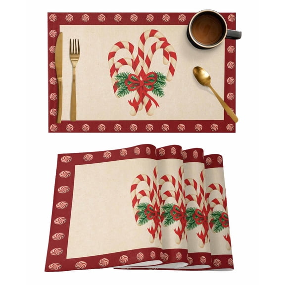 Christmas Candy Cane Placemats Set of 2 Red Beige Candy Winter Pine Branch Heat Insulation Washable Place Mats, Rustic Non-Slip Table Mats for Dining Table Party Kitchen Decor,13x19 Inch