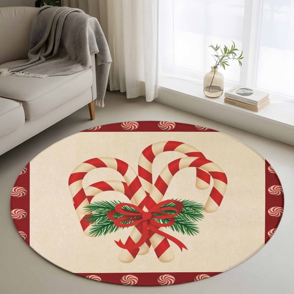 Christmas Candy Cane Round Rug 3ft Washable Circle Entryway Rugs Non Slip Xmas Red Bow Pine Branch Retro Area Rug Indoor Floor Carpet for Bedroom Kitchen Living Room Home Office Dining Room Nursery