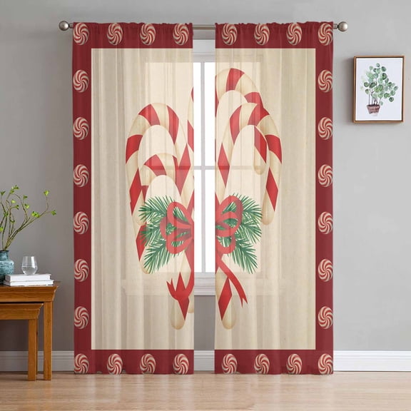 Christmas Candy Cane Sheer Curtains 63 Inch Length 2 Panels Set, Semi Transparent Voile Rod Pocket Curtains for Living Dining Room Bedroom Drapes Xmas Red Bow Pine Branch Retro