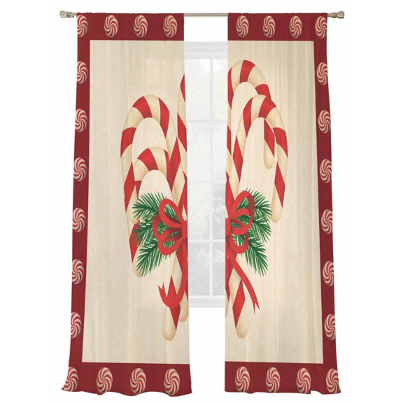 Christmas Candy Cane Sheer Curtains 84 inches Long, Red Beige Candy Winter Pine Branch Light Filtering Sheer Window Curtains Rod Pocket Voile Drapes for Bedroom Living Room, 2 Panels 52"W x 84"L