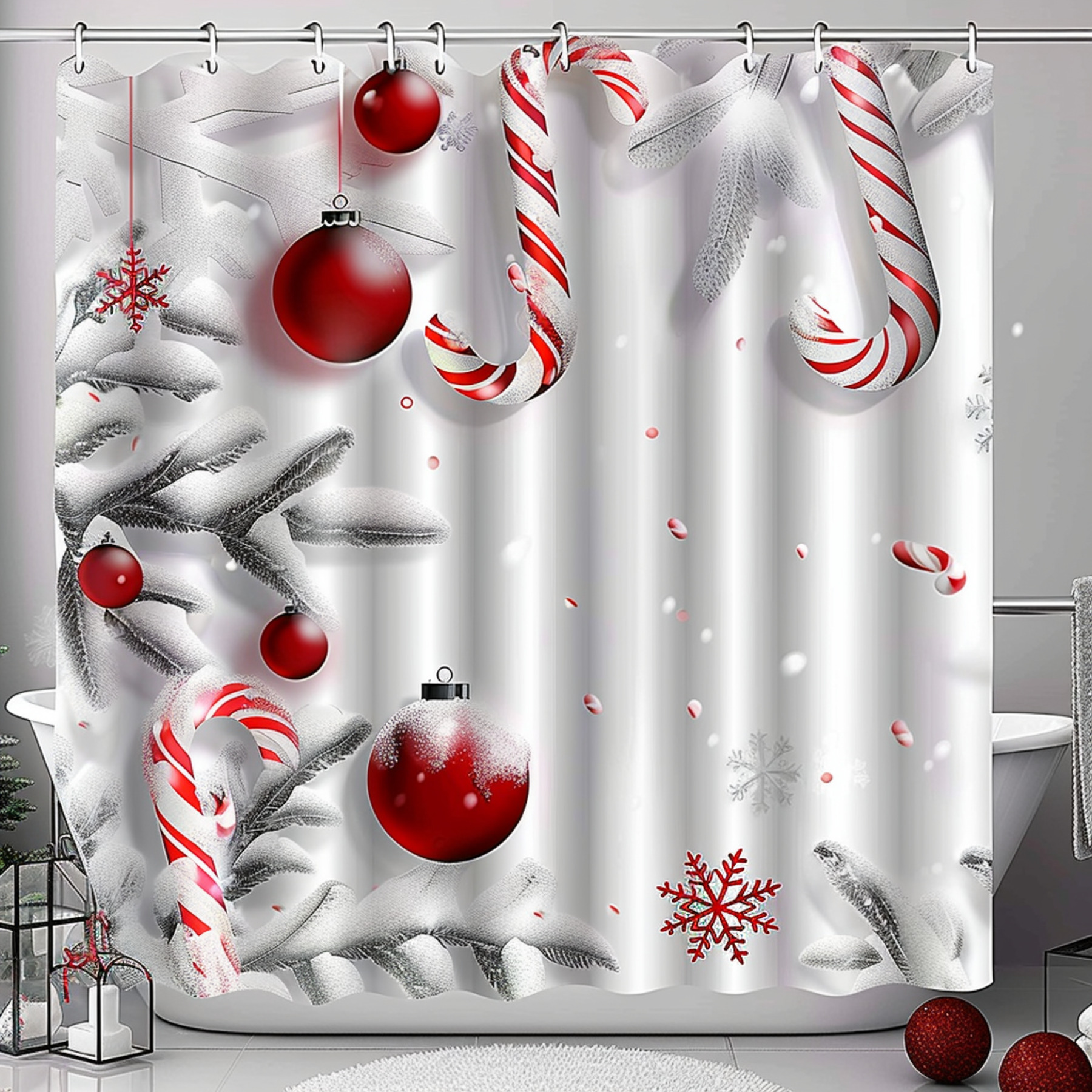 Christmas Candy Cane Shower Curtain Festive Red and Silver Snowflakes