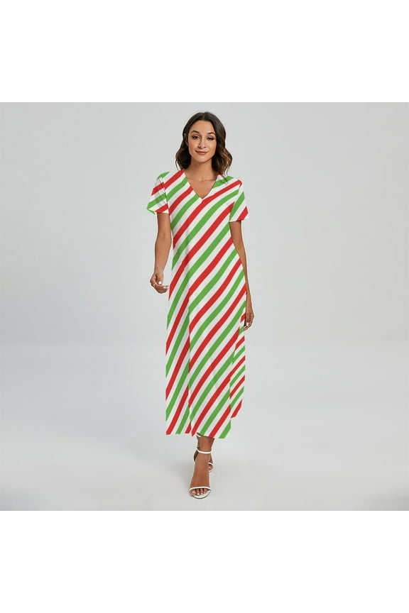 Christmas Candy Cane Striped Printed Short Sleeve Maxi Dress, Jesus Christian Fashion Summer Maxi Dress For Women