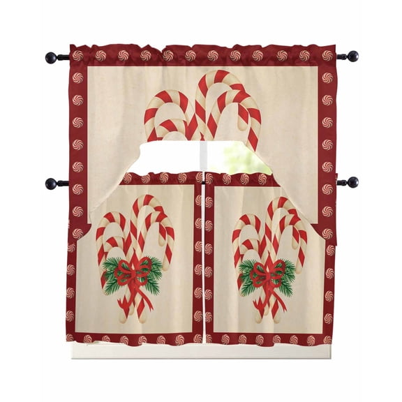 Christmas Candy Cane Swag Curtains for Living Room/Bedroom Windows, Xmas Red Bow Pine Branch Retro Kitchen Curtains and Valances Set 36 Inch Length, Light Filtering Swags Valance Curtain Panels